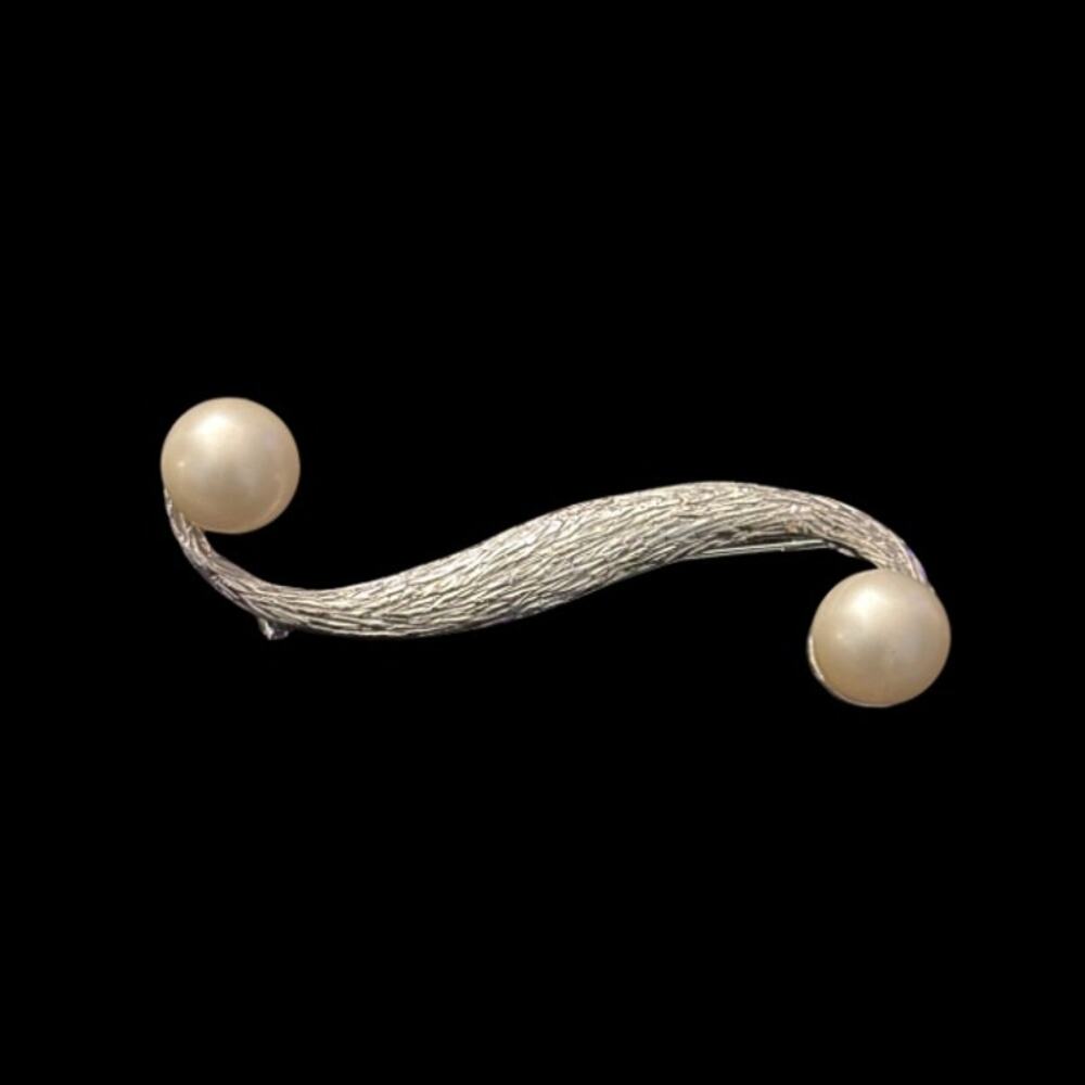Vintage S-curve Silver and Faux Pearl Bead Brooch Pin